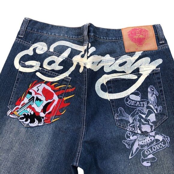 RARE Ed Hardy By Christian Audigier Embroidered Jeans Size 40 Blue - Picture 1 of 10